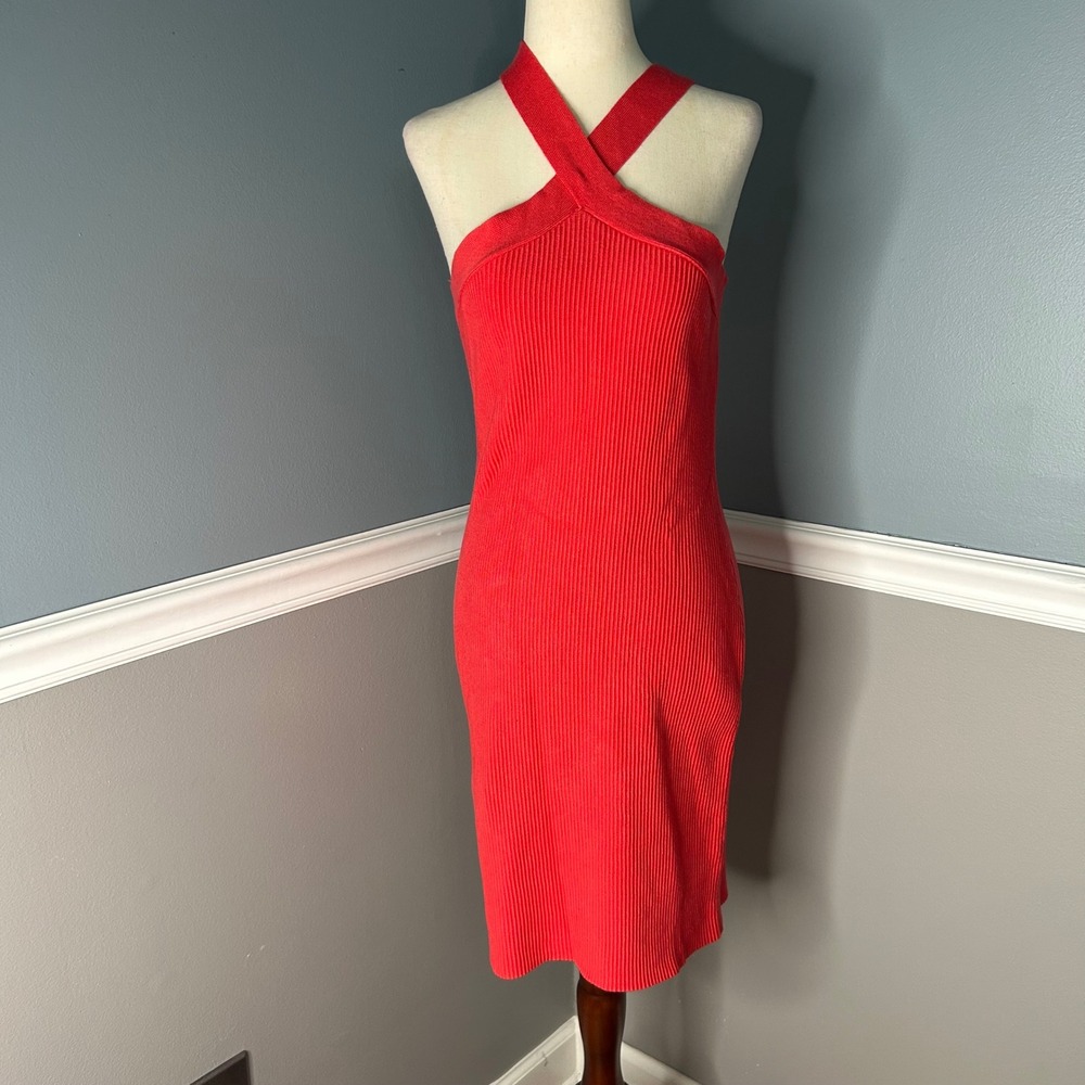 House of Harlow 1960 Red Ribbed Halterโ Crisscross Bodycon Midi Dress Large